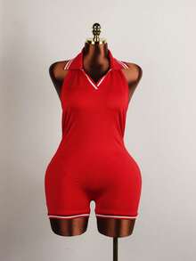 Mono de verano sexy de unicolor, ajustado, sin mangas, con cuello halter, espalda descubierta y escote pronunciado, para uso en club, para mujeres