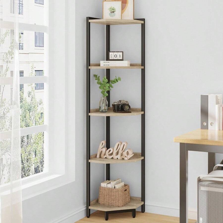 Corner Shelf Stand Corner Bookshelf Storage Standing Shelf Unit With Metal Frame Plant Stand Bookcase For Living Room Home Office Bedroom 5-Tier Greige CS05905B - 118Dx118Wx535H - View 1