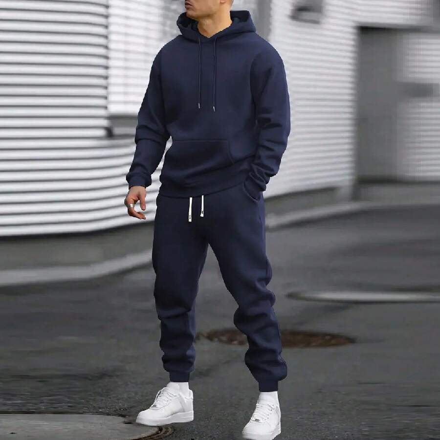Men's Autumn Suit Casual Sports Solid Color Hoodie Men's Two-Piece Set Loose Sweatshirt Men's Clothing - 藏青 - 查看 1