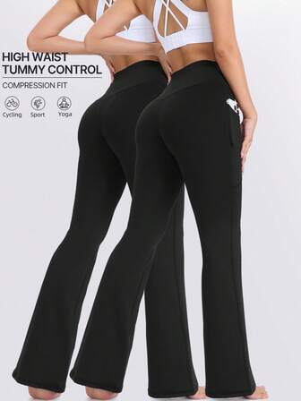 2pcs High Waist Hip Lifting & Abdomen Slimming Yoga Pants, Tight Fit Women's Sports Leggings With Side Pockets, Flared Leg, Compression, Quick Dry, Suitable For Running, Workout, Dance, All Seasons