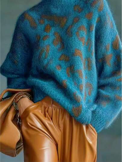优雅女士高领长袖豹纹针织衫 - 舒适面料，居家户外皆宜，必备豹纹针织套头衫，罗纹针织女士长袖高领毛衣，适合办公室穿着，秋冬季