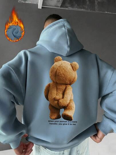 男士秋冬新款休闲创意文字卡通熊印花连帽卫衣