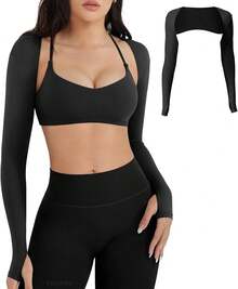 Women Crop Top Long Sleeve Bolero Open Front Workout Cropped Shirts Sports Shrug - màu đen - Xem 12