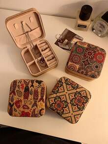 1个复古印花迷你首饰盒，可收纳耳环、戒指、项链，旅行收纳盒，优雅印花首饰盒，多功能首饰收纳盒 - 彩色 - 查看 4