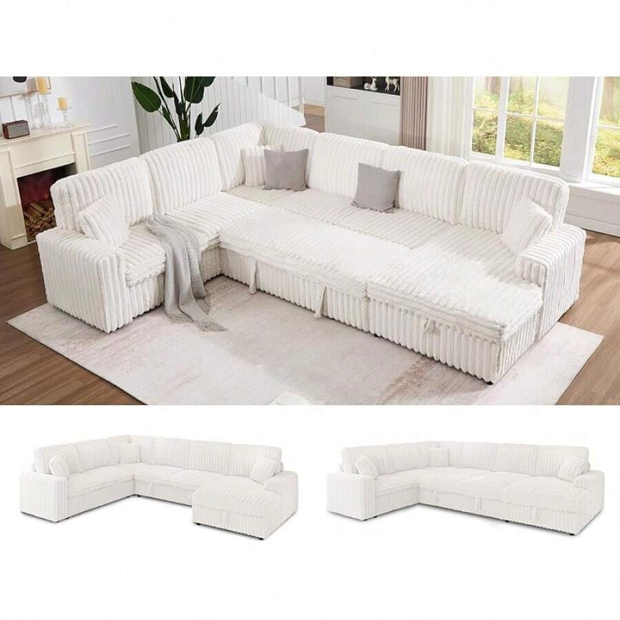 130'' Sofa Bed, Convertible Pull Out Sleeper Couch With Storage, Modern 6-Seater Sleeper Sofa For Living Space, Stylish Living Room Furniture, Faux Fur White Sofa - 白色 - 查看 1