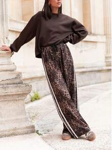 1 pezzo Pantaloni casual larghi con stampa leopardata in poliestere, vita con coulisse e tasche, taglie comode, adatti per appuntamenti serali, vacanze, scuola, vacanze, casa, feste singole, festival di musica country, aeroporto, sport e fitness, primavera/estate/autunno, pantaloni marroni dritti e larghi, stile casual sportivo americano, stile europeo, stile semplice da strada, stile college, Ringraziamento, Ognissanti, Vigilia di Natale, Natale, Boxing Day, Cyber Monday - Stampa leopardata - Visualizzare 4