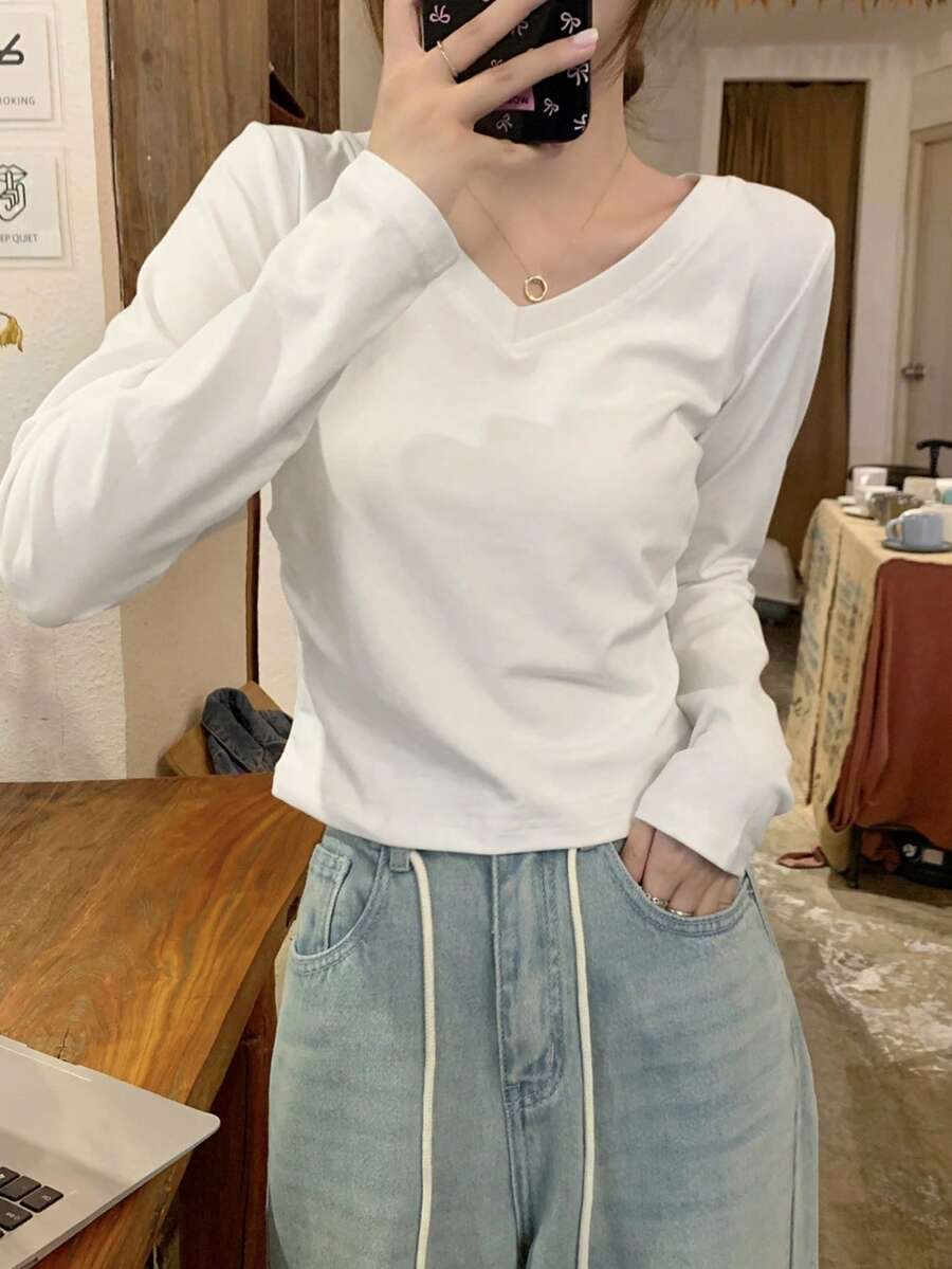 女士纯色褶皱/抽褶腰部休闲长袖T恤，春秋季 - 白色 - 查看 1