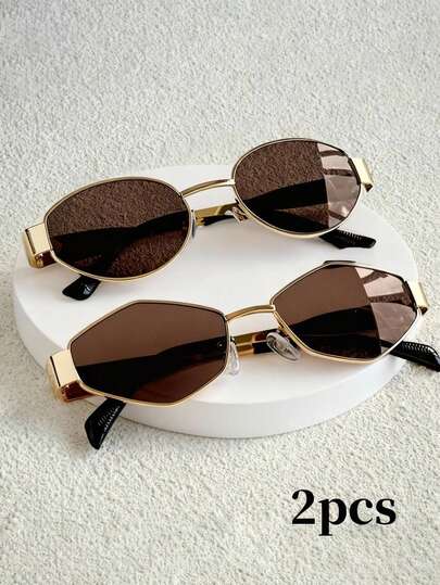 2 piezas Gafas con marco de metal ovalado con strass vintage, gafas de moda para uso diario, playa, fotografía callejera, personalizadas