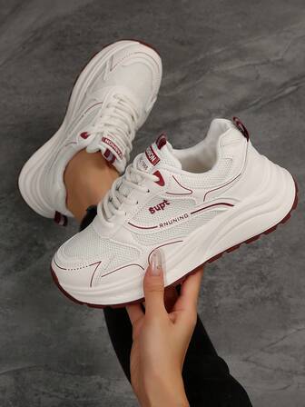 1 par damsportskor för vår/höst, PU- och mesh-lappmönster, slät linjedekor på ovandelen, tandad yttersula för grepp, moderna och andningsbara, lämpliga för löpning, fitness, vandring, promenader