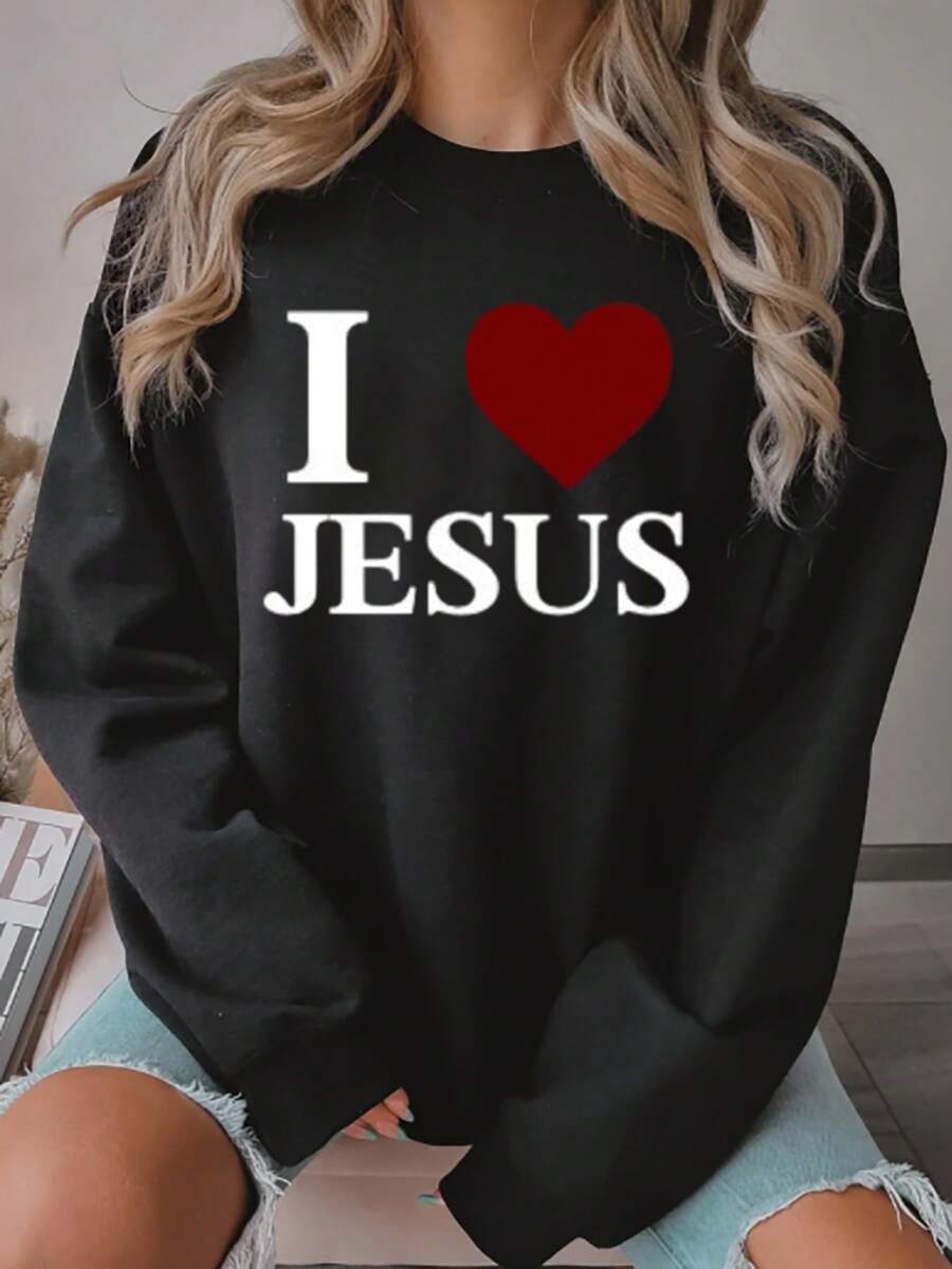 I Heart Jesus Printed Sweatshirt Oversized Crewneck Casual Religious Statement Top Comfortable Loose Fit Long Sleeve Pullover Women's Everyday Wear Faith Inspired Design Soft Cotton Blend Material Relaxed Silhouette Perfect For Church Outings Home Relaxation And Daily Activities - màu đen - Xem 1