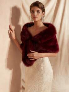 女士翻领绒面披肩，香槟色加厚仿毛皮新娘披肩，是日常配饰，可温暖晚宴礼服。 - 酒紅色 - 查看 3