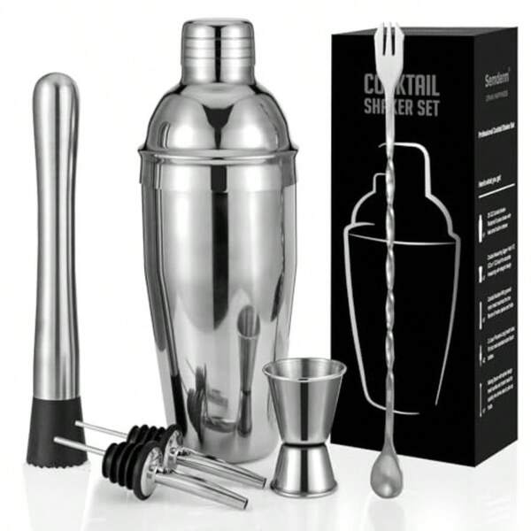 Cocktail Shaker Set 6-Piece Mixology Bartender Kit Premium Shakers Bartending: Martini Shaker Jigger Mixing Spoon Muddler 2 Pourers Bar Tools Set With Built-In Bartender Strainer For Drink Shaker