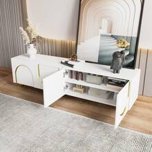 TV Cabinet, Lowboard With Structured Towers, TV Furniture With Drawers, Open Compartments, Gold Handles And Gold Feet - White - View 4