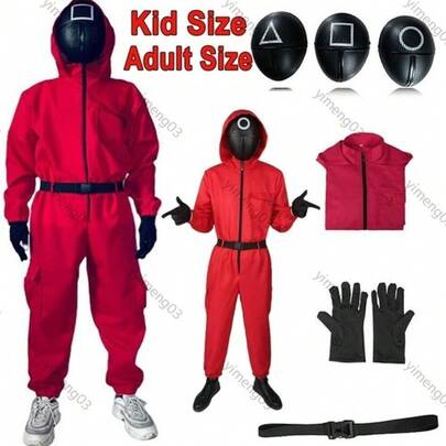 2025 Kid Adult Squid Red Jumpsuit Villain Uniform Mask Halloween Cosplay Costume Game New UK