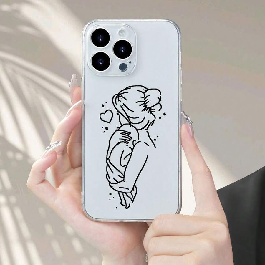 Nueva funda de teléfono de cuerpo completo antideslizante, a prueba de golpes y elegante: diseño minimalista de arte lineal de madre e hija abrazadas, patrón creativo de dibujo animado popular, funda de teléfono de TPU transparente, divertida y única, simple y elegante, funda de teléfono unisex de moda. Adecuado para iPhone 16, 15, 14, 13, 12, 11 ¡Consigue una funda de teléfono que se vea genial! - 1 pieza - Ver 1