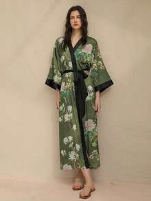 Vintage Bohemian Loose Mid-Length Fashionable Elegant Niche Design Kimono Cover Up, Casual Tie-Up Robe, Loungewear, Summer Beach Swimsuit Cover-Up, Lightweight Shawl Vacation Spring - 綠色 - 查看 4