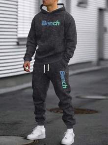 男士春秋季字母印花连帽卫衣和抽绳腰裤套装，时尚休闲运动装，带口袋，适合作为送给丈夫或男友的礼物 - 彩色 - 查看 3