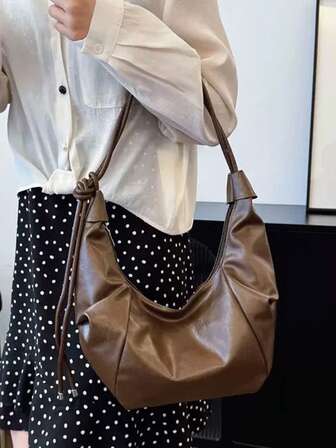 Vintage Soft Leather Pleated Dumpling Shoulder Bag, Casual Personalized Crescent Crossbody Bag For Commuting, School, Shopping, Gift