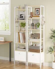 HaluPeit Libreria, Scaffale a 6 Ripiani, 1 Cassetti in Tessuto Pieghevoli, Scaffale Aperto, 24 x 40 x 173 cm, Stile Industriale, Adatta per Studio, Soggiorno, Colore Rovere - Bianco - Visualizzare 4