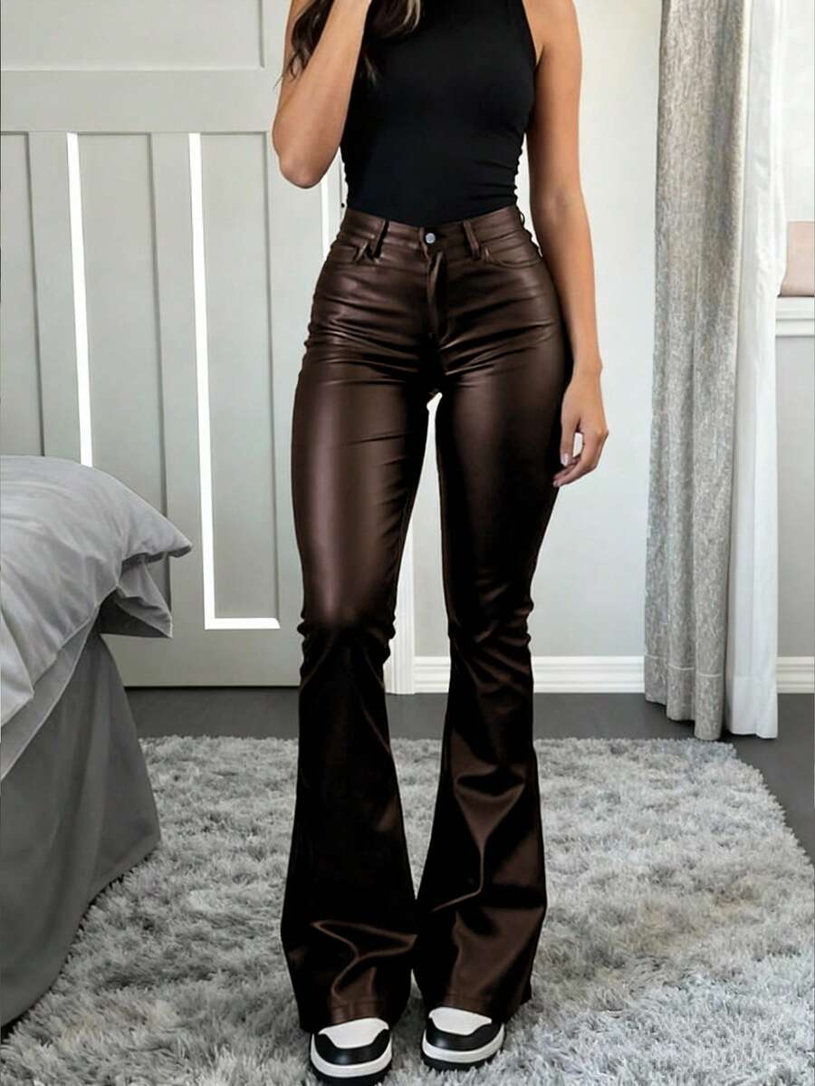 女士涂层仿皮喇叭裤，修身高腰靴型裤，时尚百搭，适合派对、通勤、度假、音乐节等场合，休闲直筒裤，春夏服装，畅销款，冬季热销