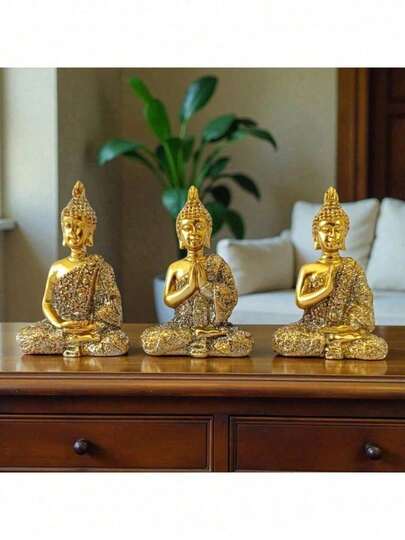 Conjunto Decorativo Enfeite de mesa Elegante  Trio De Buda  Bandeja Dourado