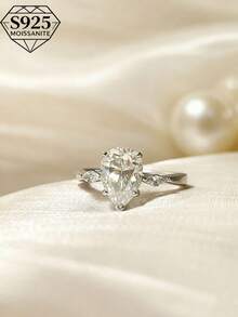 1枚2克拉水滴形莫桑石订婚戒指，S925纯银，正式场合珠宝，订婚/结婚戒指，送给女友/妻子的惊喜礼物，周年纪念，日常佩戴，高品质女士戒指，附赠礼盒 - 銀色 - 查看 6