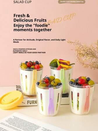 Multi-Purpose Fruit Salad Cup, Double-Layer Draining Cup, Takeout Picnic Salad Cup With Fork