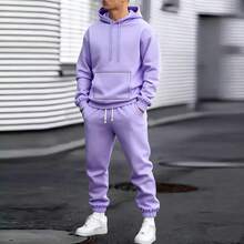 Men's Autumn Suit Casual Sports Solid Color Hoodie Men's Two-Piece Set Loose Sweatshirt Men's Clothing - 淺紫色 - 查看 12
