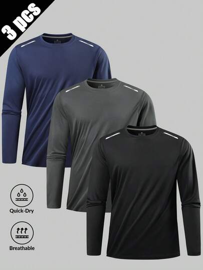 3pcs/Set Men's Thin Compression Sportswear, Long Sleeve Fitness Tops, Moisture Wicking Breathable Running Training Base Layer
