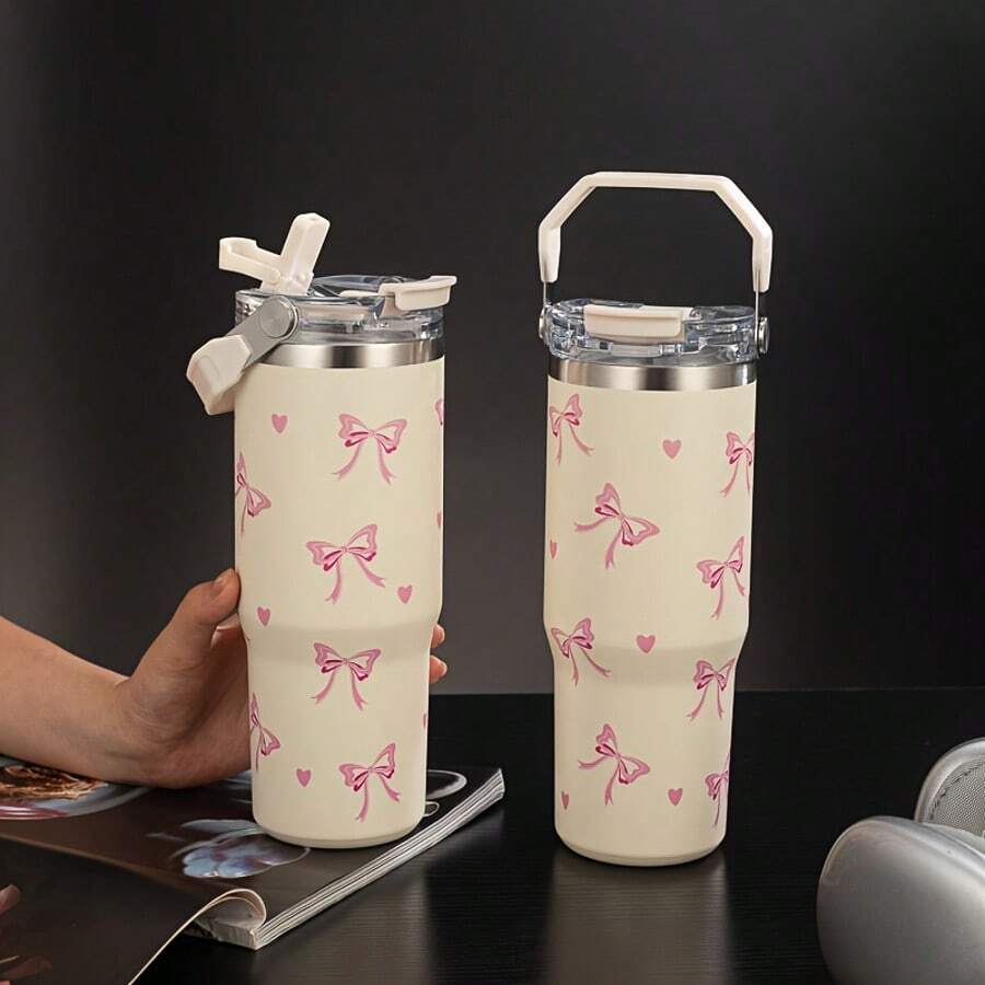 1pc 900ml/33.44oz Heart & Bow Vacuum Insulated Tumbler, Large Capacity Water Bottle With Handle And Straw, Suitable For Drinking Water, Milk, Oatmeal, Tea, Juice, Breakfast, Coffee, Beverages, Etc., Applicable For Cafes, Homes, Restaurants, Parties, Balls, Offices, Father's Day Gift, Mother's Day Gift, Gift For Friends, Gift For Boyfriend And Girlfriend, Gift For Family, Gift For Teachers, Gift For Colleagues. - Multicolor - View 1