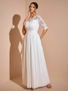 蕾丝拼接极简露背优雅奢华婚纱 - 白色 - 查看 3