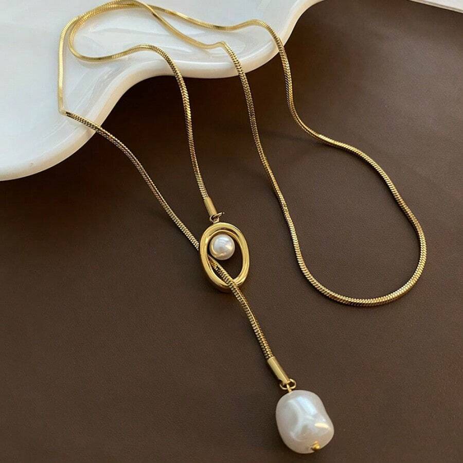 Stainless Steel Pearl Extension Chain, Minimalist Style Necklace Chain, Elegant Pendant Sweater Chain For European And American Market - 05-j22 Titanium Steel Sweater Chain, Gold - View 1