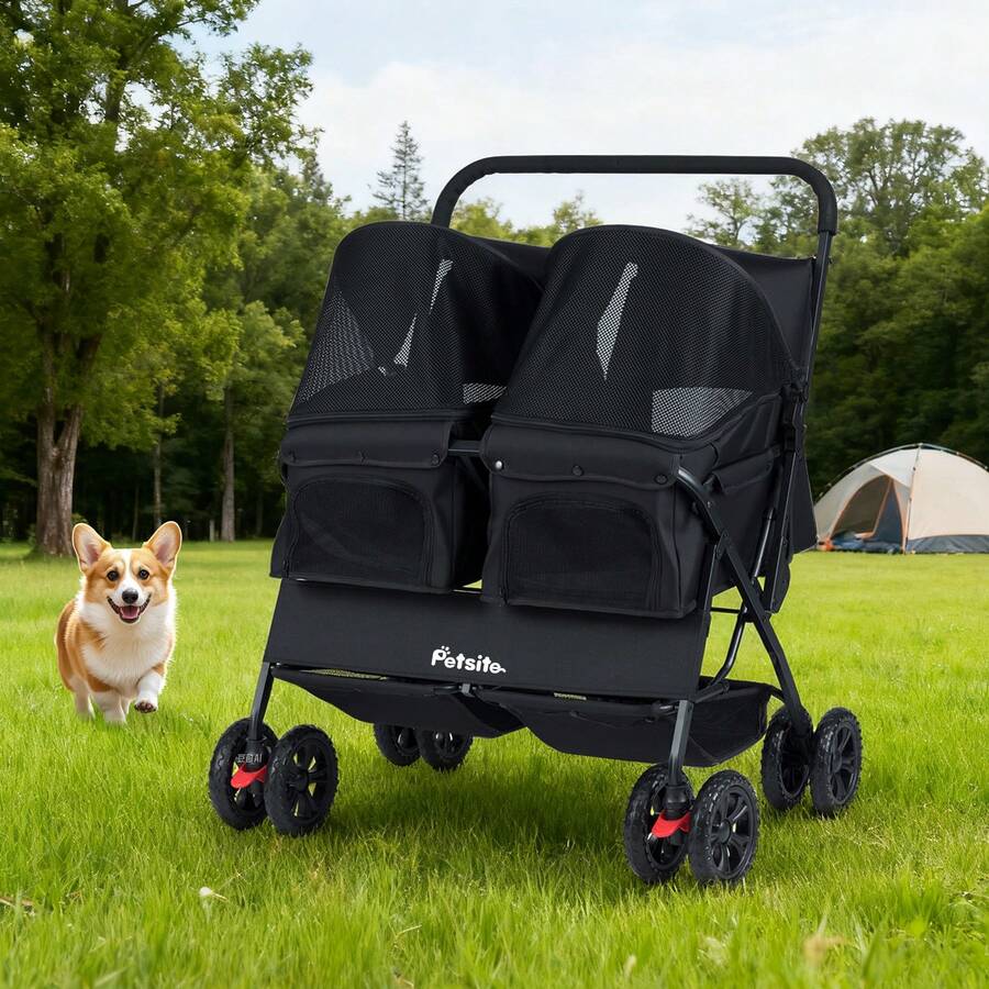 Double Pet Stroller W/ 2-Seater Carrier Adjustable Sunshade Removable Pad - Black - View 1