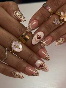 10 uñas postizas de almendra hechas a mano, puntas francesas, blanco, rosa aurora, superficie de uñas brillante, corazón de reina, uñas falsas pintadas a mano con cromo 3D, estilo gótico francés, adecuadas para decoración de uñas de niñas y mujeres para uso diario, boda, baile de graduación y vacaciones, incluye gelatina y lima de uñas - Multicolor - Ver 4