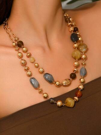 1pc Bohemian Vintage Elegant Black, Brown, Khaki Resin Round Beads, CCB Beads, Glazed Spotted Beads DIY Necklace, Imitation Jade Resin Round Beads With Metal Chain, Suitable For Sweater, Everyday, Party, Holiday, Suitable For Sexy Lady, Gift For Valentine's Day, Thanksgiving, Friends, Randomly Colored Resin With Slight Molding Marks