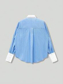 Nuova camicia casual elegante e alla moda, con colletto, maniche lunghe, a righe e con colori a contrasto, adatta per vacanze, ufficio, brunch - Blu - Visualizzare 7