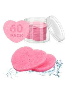 60pcs Compressed Face Sponge, Natural Exfoliator, Disposable Cleansing Pad, Soft Heart Pads With Storage Container, Travel Makeup Remover