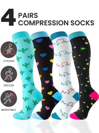 4 Pairs Compression Socks,Polyester Athletic Socks, Lightweight Knee High Breathable Low Pressure Socks For Running,Cycling,Hiking,Travel