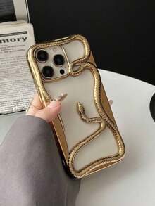 Fashionable New Champagne High-Grade Electroplated 3D Interesting Hollow Breathable Small Snake Phone, Compatible With 16 Pro, 15, 17 Pro, Anti-Drop Waterproof Shockproof Scratch Resistant - 金子 - 查看 3