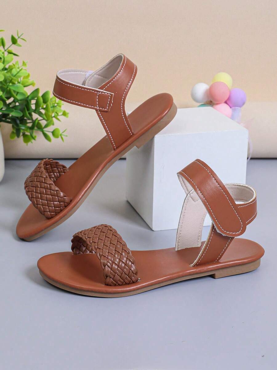 1 Pair Brown Toddler/Kids Boys/Girls Flat Sandals, Brown PU Patchwork Decor, Hook And Loop Design, Round Toe, Fashionable & Cute, Suitable For 3-15 Years Old Girls, Casual, School, Daily, Party, Spring/Summer