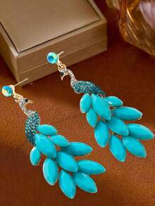 1 Pair Vintage Peacock Design Drop Earrings, 14K Gold Plated Green Crystal Feather Decor, Boho Style Exaggerated Peacock Feather Pendant Earrings, Suitable For Birthday, Holiday And Other Occasions, Summer Fashion Jewelry, Women's Party Gift - One Size - View 4