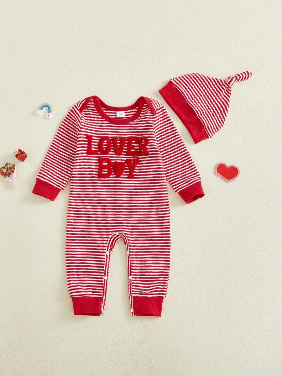 Conjunto de bebé niño para el Día de San Valentín con letras y corazones bordados a rayas de manga larga de punto gofre, mono, ropa infantil de primavera, sombrero - Rojo - Ver 1