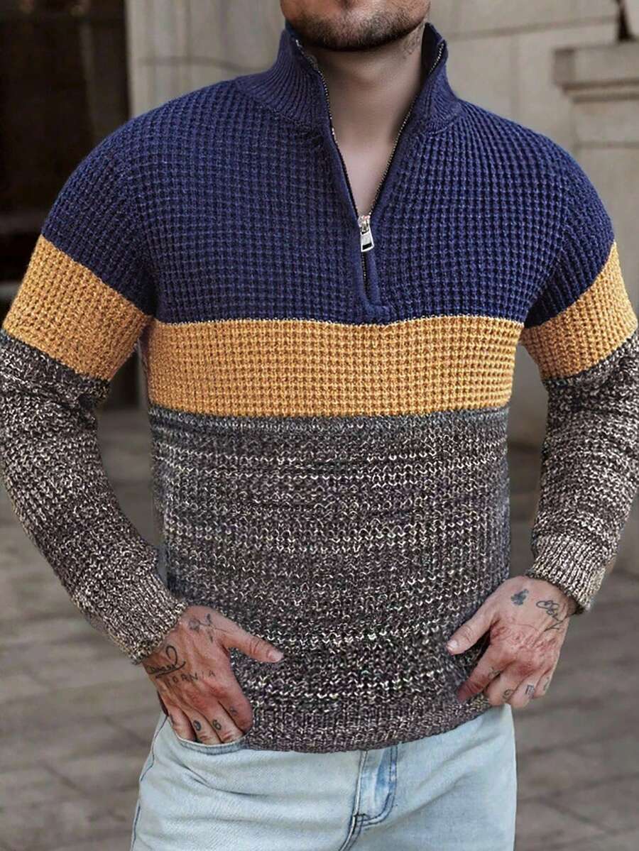 Men's Contrast Color Zipper Placket Long Sleeve Casual Sweater, Autumn/Winter - Multicolor - View 1