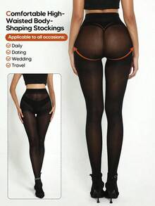 1Pair Women Solid Slim Fit Sheer Casual Tight, For Daily - màu đen - Xem 2