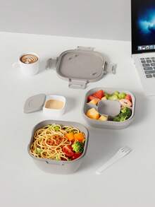 1,7-Liter-Salatbehälter mit 4-Fächer-Topping-Einsatz – Große Salatschüssel mit herausnehmbarem Bento-Einsatz, auslaufsicherem Dressingbehälter, dicht schließendem Deckel und wiederverwendbarer Gabel; Ideal für Meal Prep, gesunde Mittagessen für Erwachsene, Lebensmittelaufbewahrung, Küche, Schule und als Geschenk - Grau - Übersicht 2