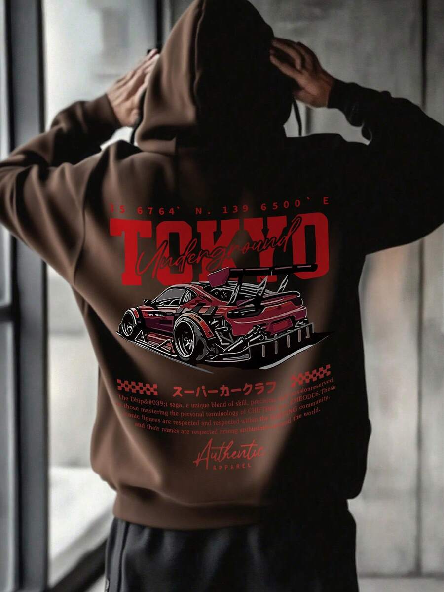 Men's Casual Fashionable Versatile Street Racer Element Slogan Print Kangaroo Pocket Drawstring Hoodie, Autumn/Winter - Brown - View 1