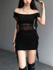 女士露肩流苏网纱透视紧身迷你连衣裙 - 黑色 - 查看 3