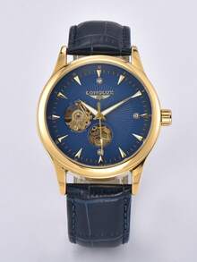 LONGLUX 1pc Men's Hollow Automatic Mechanical Watch, Fashion Casual Leather Band Watch, Gift - Blue - View 6