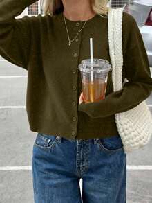 FOR BEAUTY 秋季新款纯色圆领单排扣长袖针织开衫，温柔、优雅、浪漫、休闲、慵懒、时尚、简约百搭，适合外出、通勤及各种场合。这款毛衣开衫是女士春季穿搭的理想之选。 - 軍綠色 - 查看 4