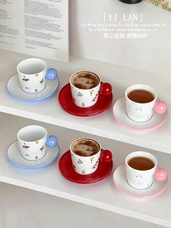 200ml Ceramic Floral Coffee Cup & Saucer Set, Retro Contrast Rabbit Coffee Cup, Bear Mug, Cute Ceramic Cup & Saucer Set, Girly Ceramic Cup, Afternoon Tea Cup & Saucer Set, Lovely Gift Cup For Holidays